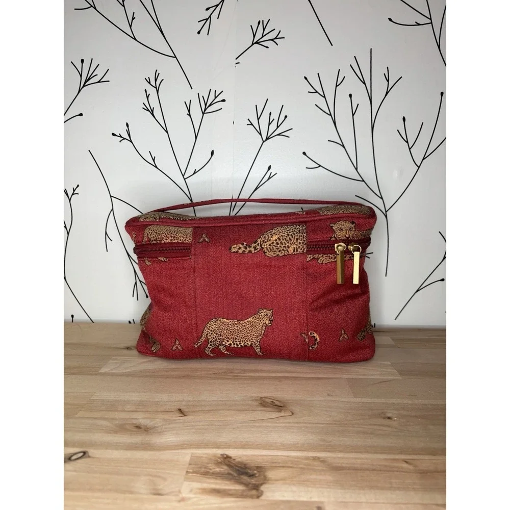 VTG Red Cheetah Print Fabric Makeup Bag & Case Set with Zipper and Handle